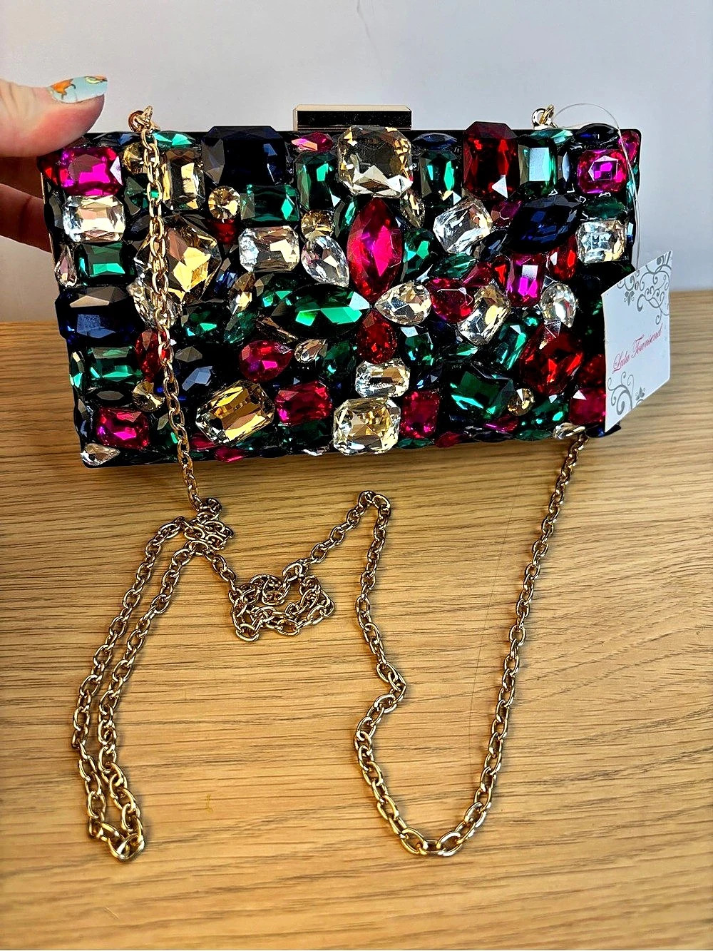 Lulu Townsend Jeweled Box Clutch in Black & Gold with Multicolor Jewels NWT